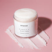 Amaraa Vanilla Polish whipped scrub jar on pink background with scrub spread underneath